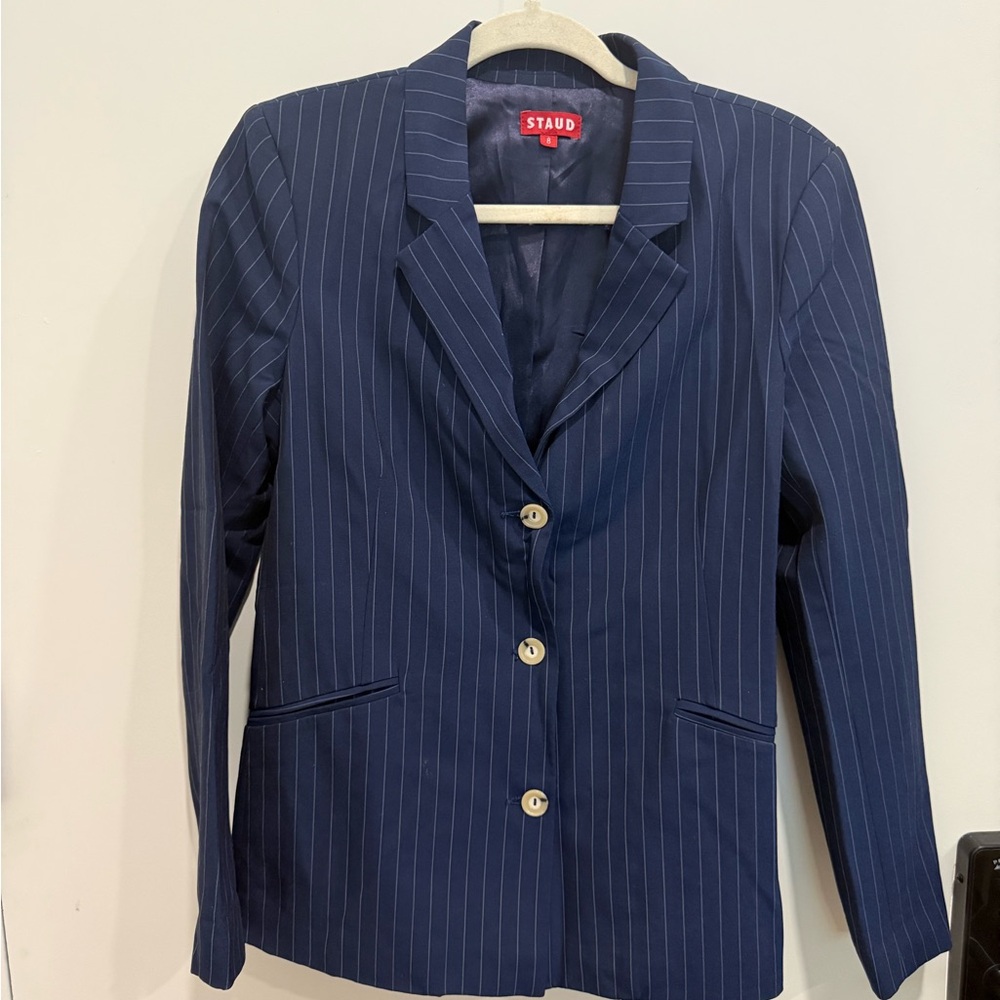 STAUD Navy Pinstripe Blazer Jacket